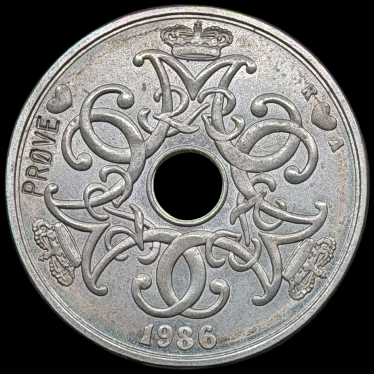 Prøvemønt, 2 kroner 1986, GP 34x, 7×6 riller, præget i 190 stk, Kva. 0