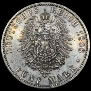 Tyskland, 5 mark 1888 A, Preussen, KM 512, Jaeger 99, Dav 787, Kva. 01 renset