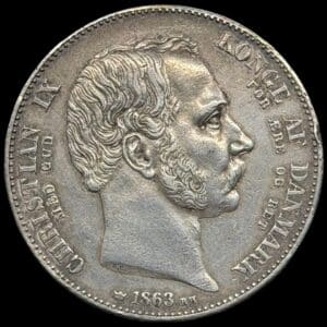 1863 RH, 2 rigsdaler “Tronskrifte”, Chr.IX, Sieg 4, Hede 3, Kva. 1+ ks.