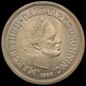 Prøvemønt, 20 krone 1986, GP 37a 12×4 riller indad, præget i 196 stk, Kva. 0-M