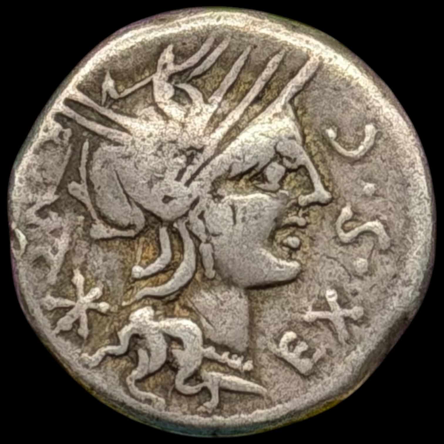 Antikken, M. Sergius Silus, 116-115 BC. AR Denarius, 3.75 g, Rome mint. Helmeted head of Roma right, Crawford 286/1, Sydenham 544, Sergia 1a, RBW 1115, Kva. VF - Image 2
