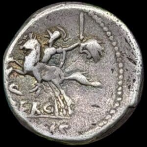 Antikken, M. Sergius Silus, 116-115 BC. AR Denarius, 3.75 g, Rome mint. Helmeted head of Roma right, Crawford 286/1, Sydenham 544, Sergia 1a, RBW 1115, Kva. VF