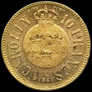 Sverige, Carolin / 10 Francs 1868, Karl XV, SM 10, KM 716, Fr. 92, Kva. 01