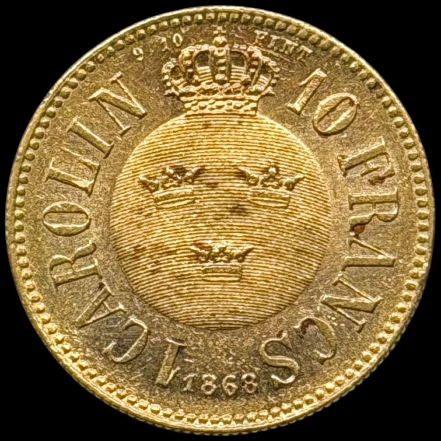 Sverige, Carolin / 10 Francs 1868, Karl XV, SM 10, KM 716, Fr. 92, Kva. 01