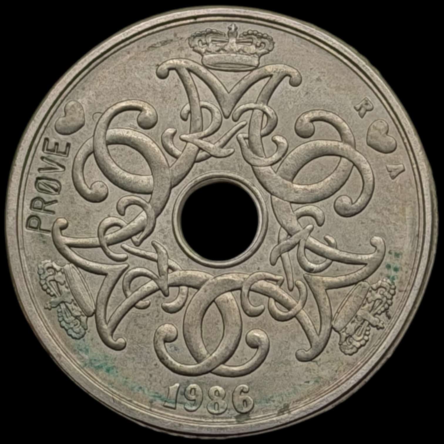 Prøvemønt, 2 kroner 1986, GP 34x, 7×6 riller, præget i 190 stk, Kva. 0-01