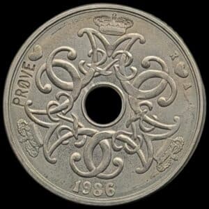Prøvemønt, 2 kroner 1986, GP 34x, 7×6 riller, præget i 190 stk, Kva. 0