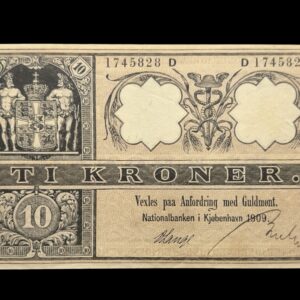 10 kroner 1909 D, V.Lange/Bruhn, Nr. 1745828, Sieg 94, DOP 99, Pick 2, Kva. 0-01