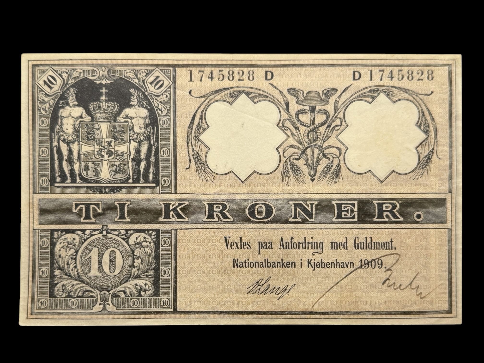 10 kroner 1909 D, V.Lange/Bruhn, Nr. 1745828, Sieg 94, DOP 99, Pick 2, Kva. 0-01