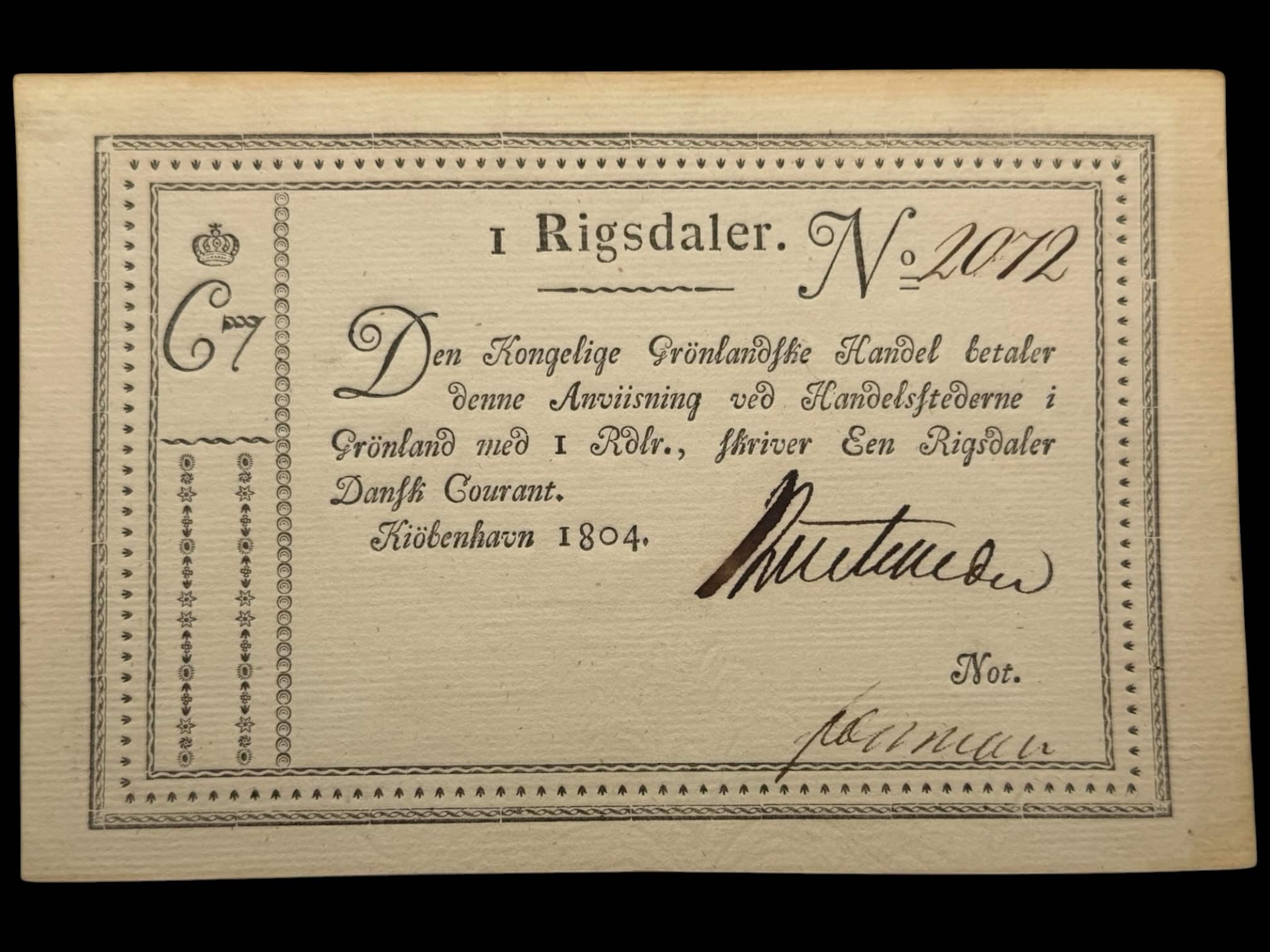 Grønland, 1 Rigsdaler 1804, Nr. 2072, Sieg 9, Pick A9, Kva. 0-01, Uhyre sjælden i denne fornemme kvalitet