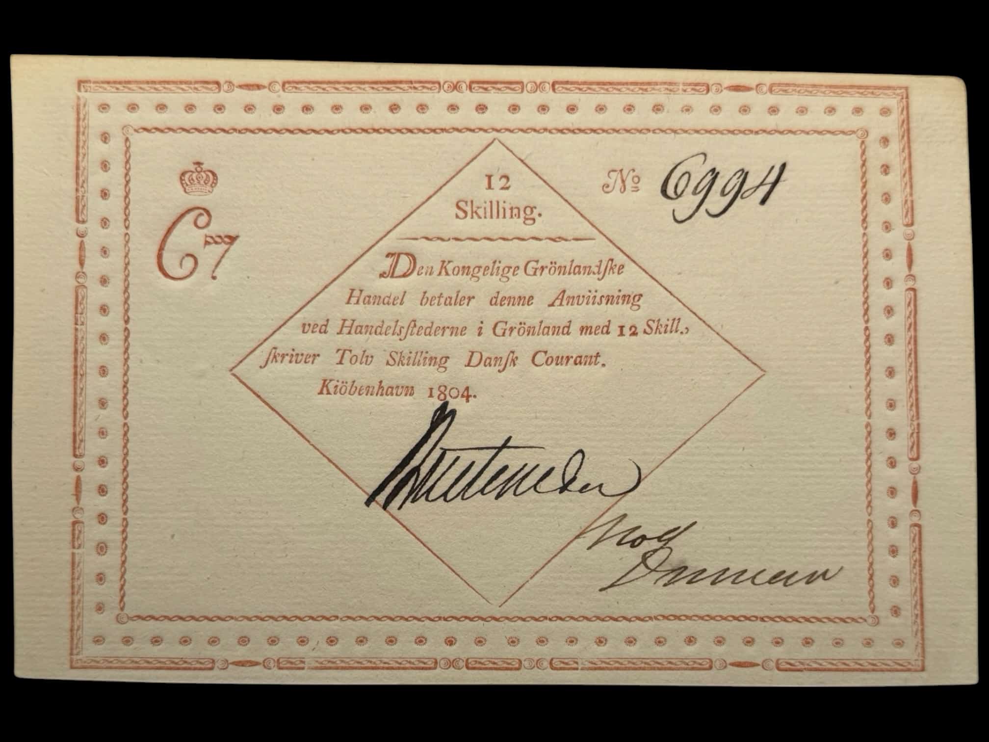 Grønland, 12 Skilling 1804, Nr. 6994, Sieg 6, Pick A6, Kva. 0-01, Uhyre sjælden i denne fornemme kvalitet