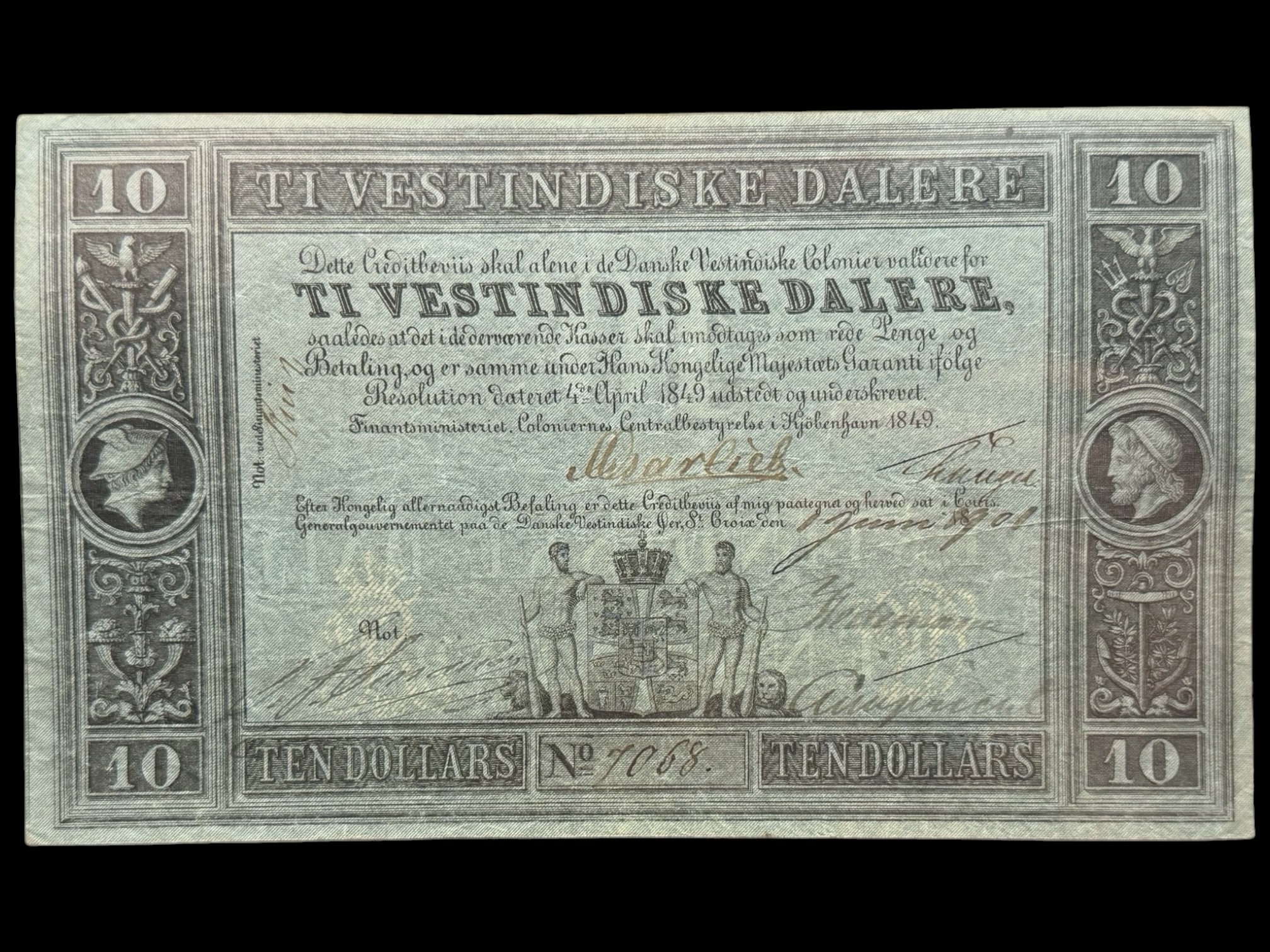 Dansk Vestindien, 10 Vestindiske Dalere 1849, Nr. 7068, Sieg 17, Pick 4, Udgivet 1/6 1901, 6 underskrifter, Kva. 01