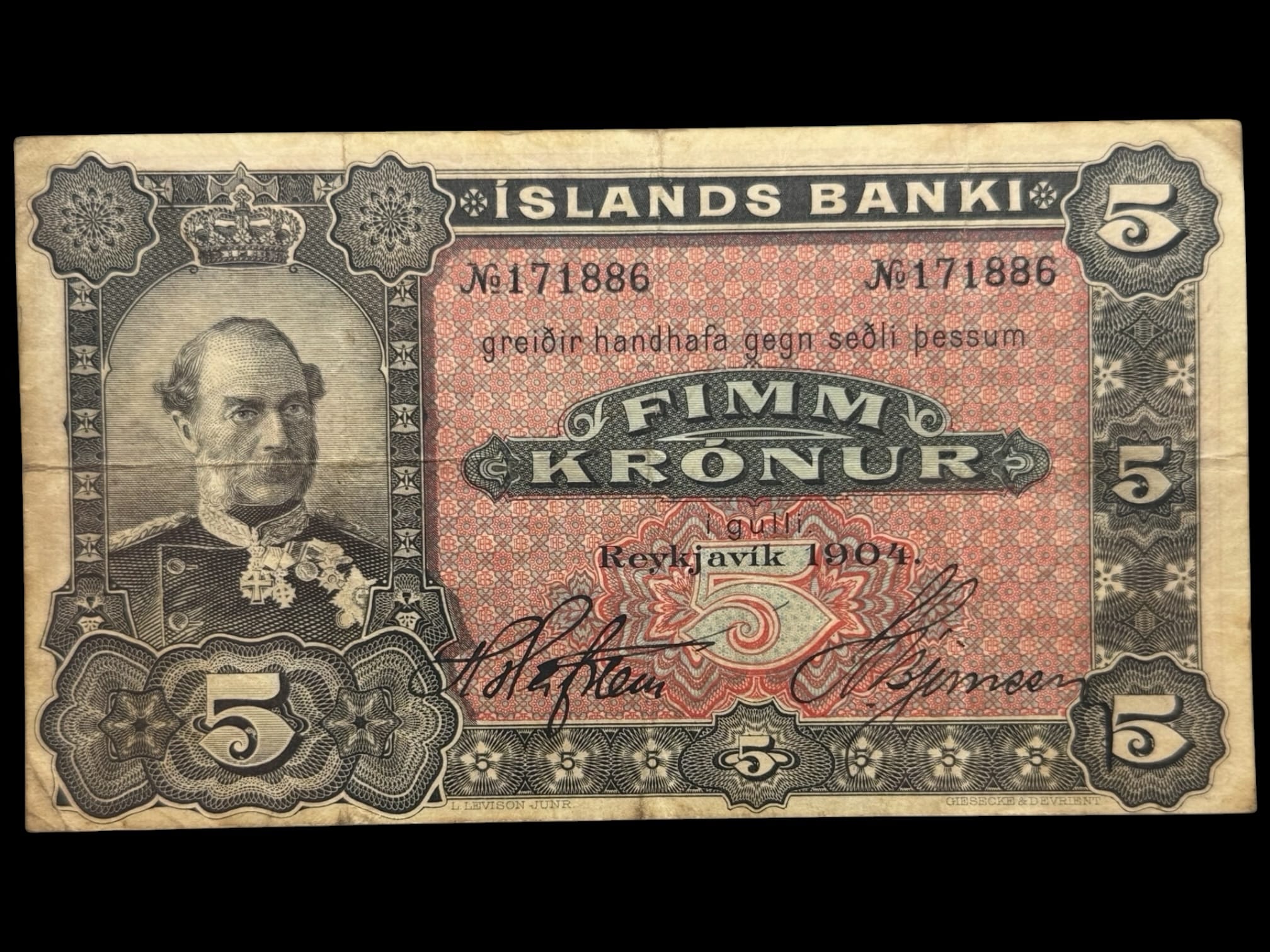 Island, 5 kronur 1904, Nr. 171886, Sieg 15, Pick 10, Kva. 1-1+