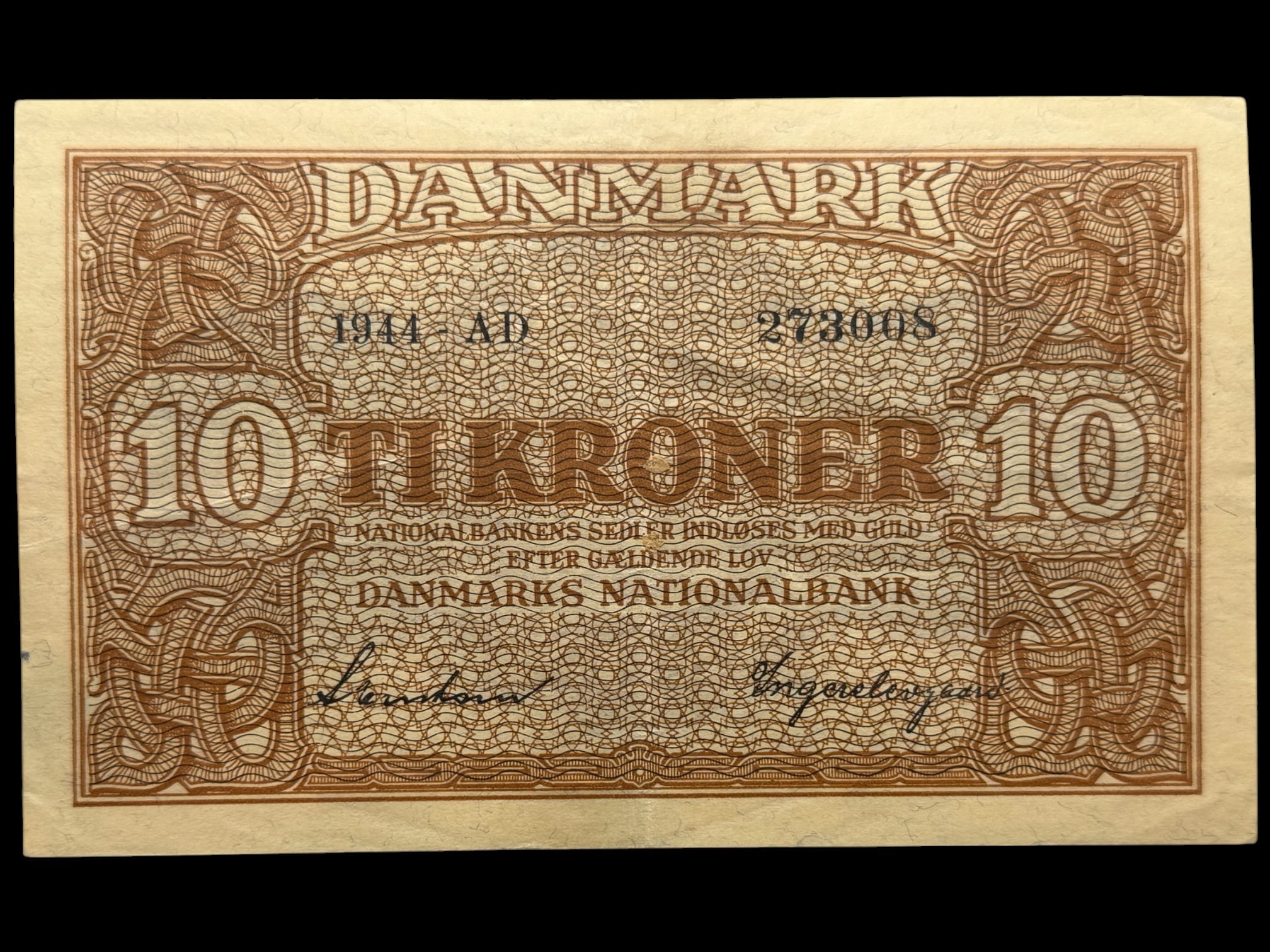 10 kroner 1944 AD, Svendsen/Ingerslevgaard, Nr. 273008, Sieg 120, DOP 129, Pick 36, Kva. 1+-01