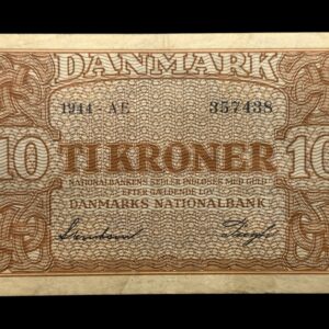 10 kroner 1944 AE, Svendsen/Pugh, Nr. 357438, Sieg 120, DOP 129, Pick 36, Kva. 1-1+