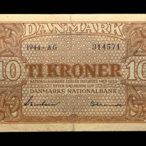 10 kroner 1944 AG, Svendsen/Strande, Nr. 314571, Sieg 120, DOP 129, Pick 36, Kva. 1+