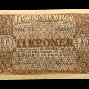 10 kroner 1944 AK, Svendsen/Sander, Nr. 582859, Sieg 120, DOP 129, Pick 36, Kva. 1+-01 “Ukendt underskriftskombination ifølge Sieg”