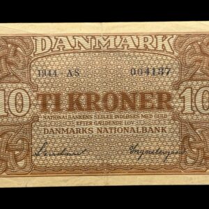 10 kroner 1944 AS, Svendsen/Ingerslevgaard, Nr. 004137, Sieg 120, DOP 129, Pick 36, Kva. 1+ “Ukendt underskriftskombination ifølge Sieg”
