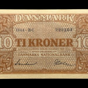 10 kroner 1944 BC, Svendsen/Holm, Nr. 222104, Sieg 120, DOP 129, Pick 36, Kva. 1+-01