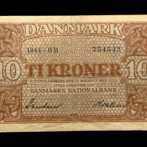 10 kroner 1944 BM, Svendsen/Rohleder, Nr. 754542, Sieg 120, DOP 129, Pick 36, Kva. 1-1+ “Ukendt underskriftskombination ifølge Sieg”