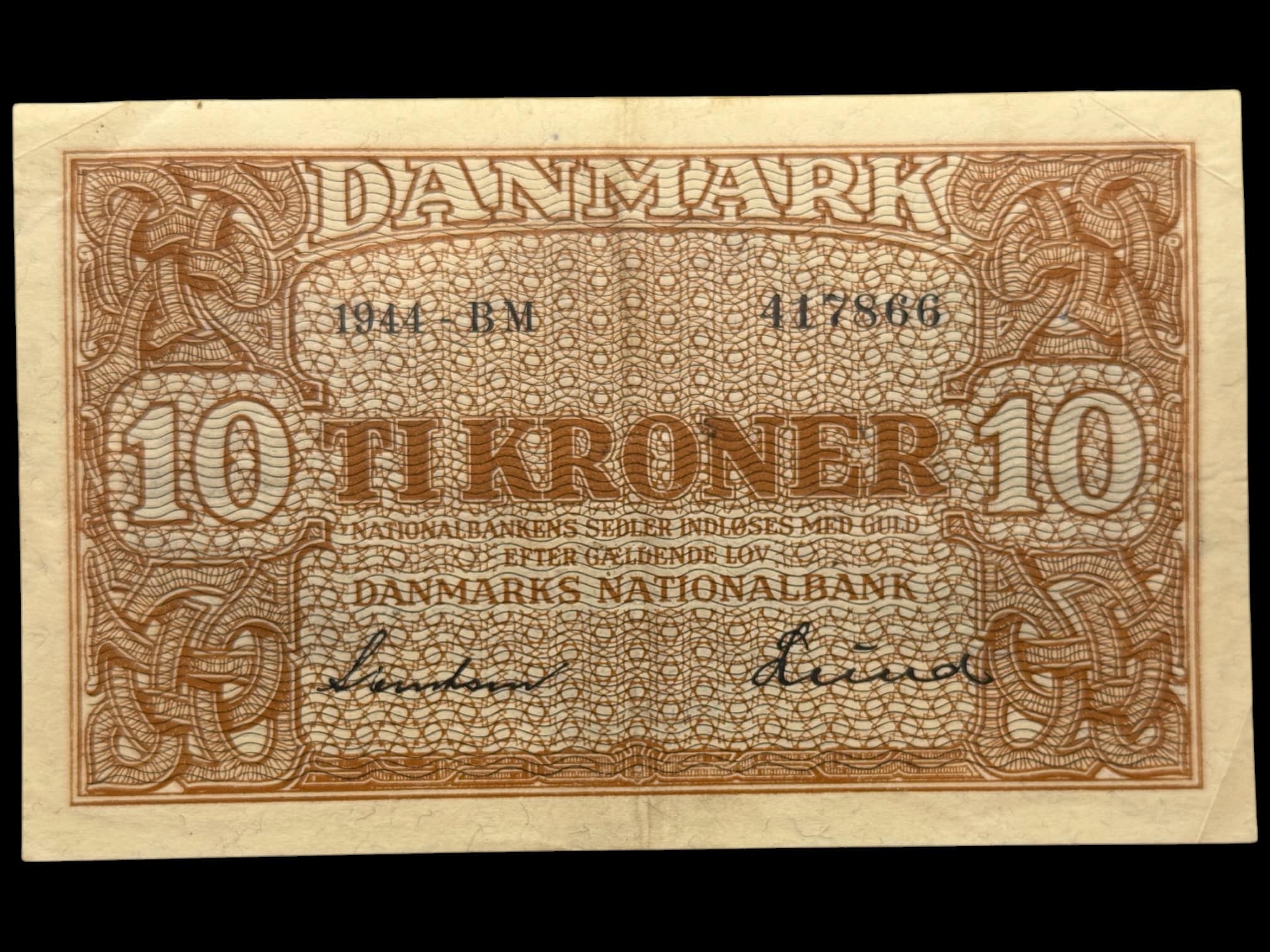 10 kroner 1944 BM, Svendsen/Lund, Nr. 417866, Sieg 120, DOP 129, Pick 36, Kva. 1-01 “Ukendt underskriftskombination ifølge Sieg”