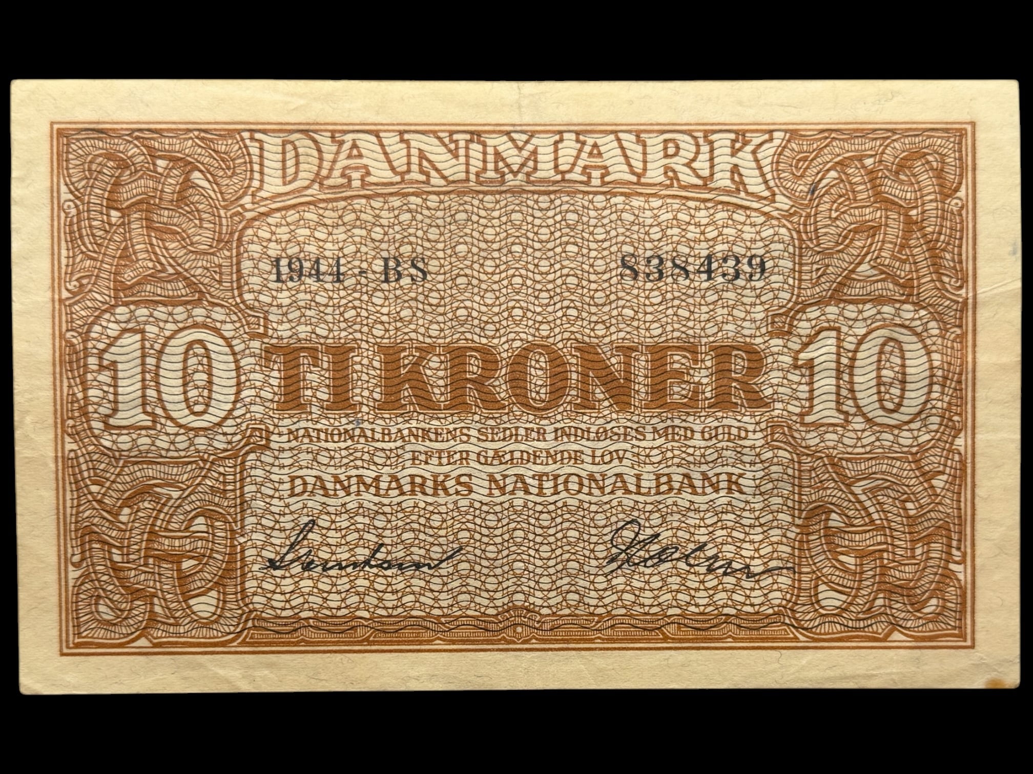 10 kroner 1944 BS, Svendsen/Holm, Nr. 838439, Sieg 120, DOP 129, Pick 36, Kva. 1+