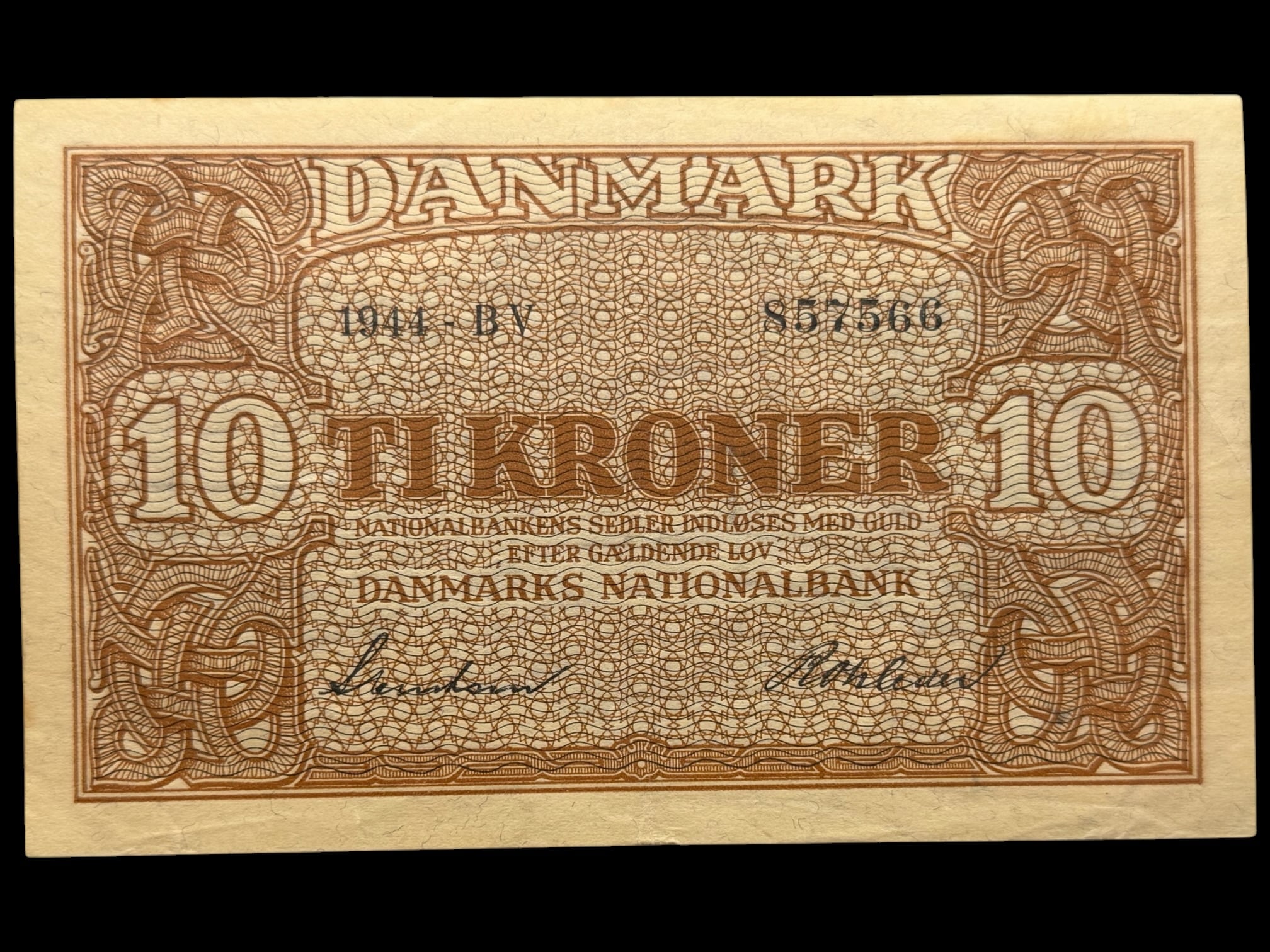 10 kroner 1944 BV, Svendsen/Rohleder, Nr. 857566, Sieg 120, DOP 129, Pick 36, Kva. 1+
