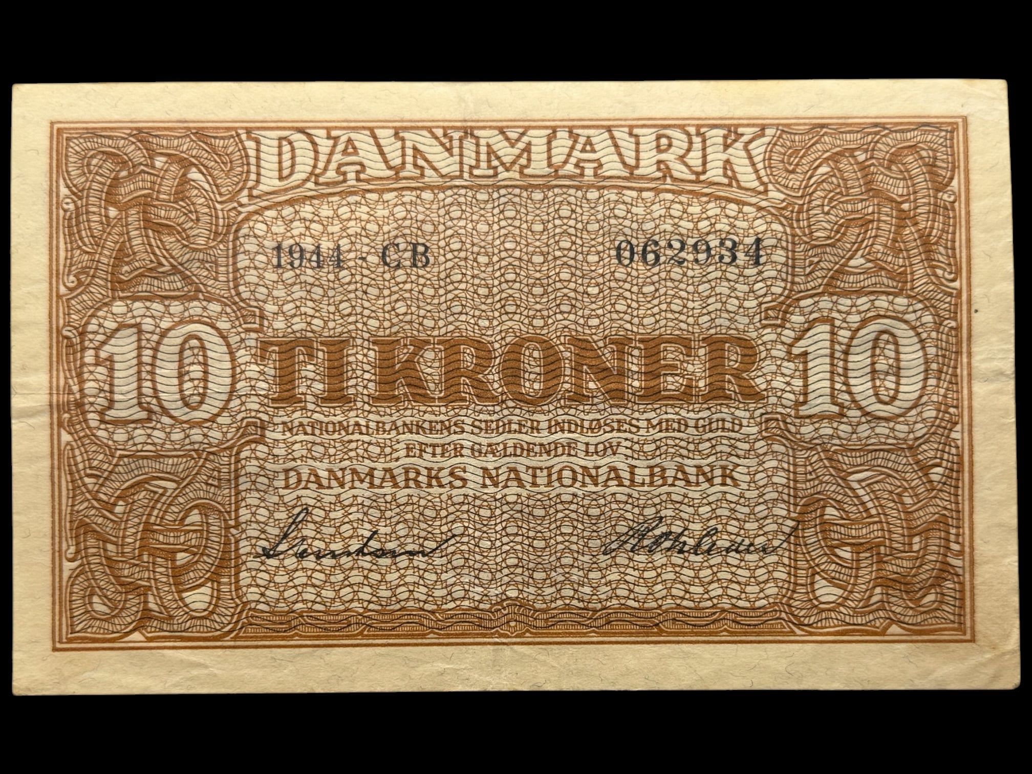 10 kroner 1944 CB, Svendsen/Rohleder, Nr. 062934, Sieg 120, DOP 129, Pick 36, Kva. 1+