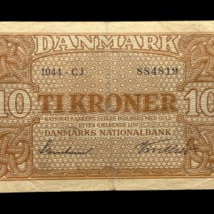 10 kroner 1944 CJ, Svendsen/Vinther, Nr. 884819, Sieg 120, DOP 129, Pick 36, Kva. 1-1- “Ukendt underskriftskombination ifølge Sieg”