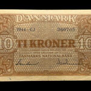10 kroner 1944 CJ, Svendsen/Matthiessen, Nr. 360705, Sieg 120, DOP 129, Pick 36, Kva. 1+