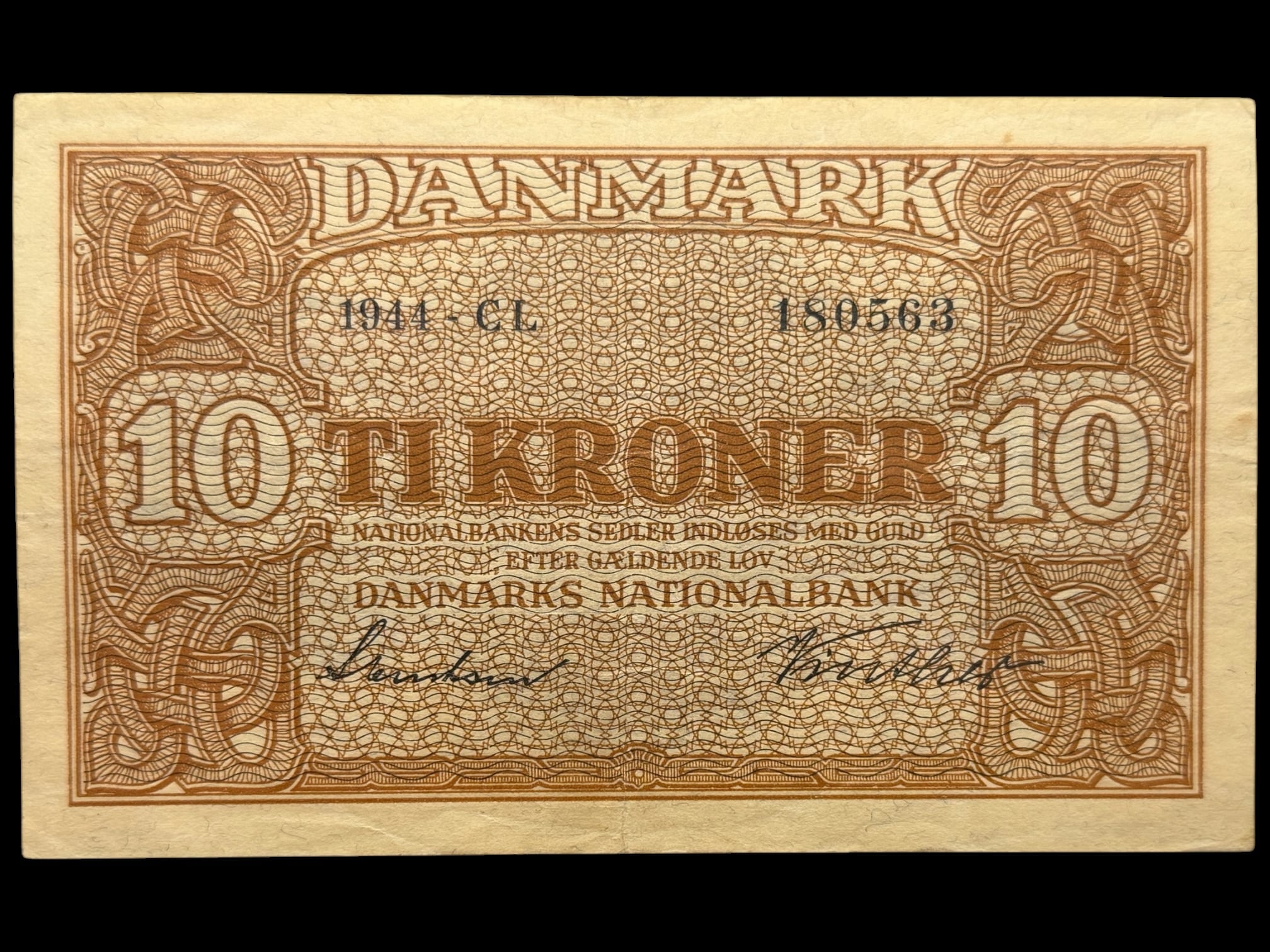 10 kroner 1944 CL, Svendsen/Vinther, Nr. 180563, Sieg 120, DOP 129, Pick 36, Kva. 1+-01
