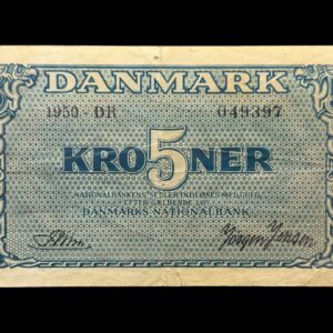 5 kroner 1950 DH, Riim/Jørgen Jensen, Nr. 049397, Sieg 119, DOP 128b, Pick 35b, Kva. 1-1+ hul “Ukendt underskriftskombination ifølge Sieg”