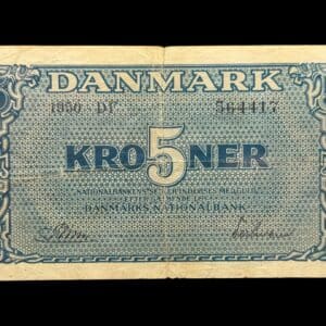 5 kroner 1950 DF, Riim/Teilmann, Nr. 564417, Sieg 119, DOP 128b, Pick 35b, Kva. 1 “Ukendt underskriftskombination ifølge Sieg”