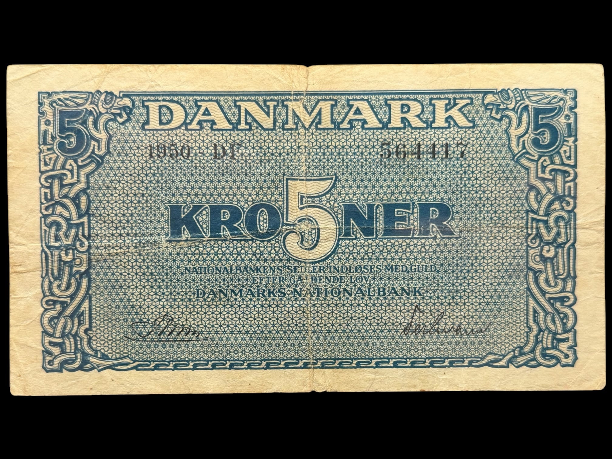 5 kroner 1950 DF, Riim/Teilmann, Nr. 564417, Sieg 119, DOP 128b, Pick 35b, Kva. 1 “Ukendt underskriftskombination ifølge Sieg”