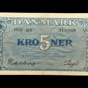 5 kroner 1949 DB, Halberg/Pugh, Nr. 218880, Sieg 119, DOP 128b, Pick 35b, Kva. 1-1+ “Ukendt underskriftskombination ifølge Sieg”