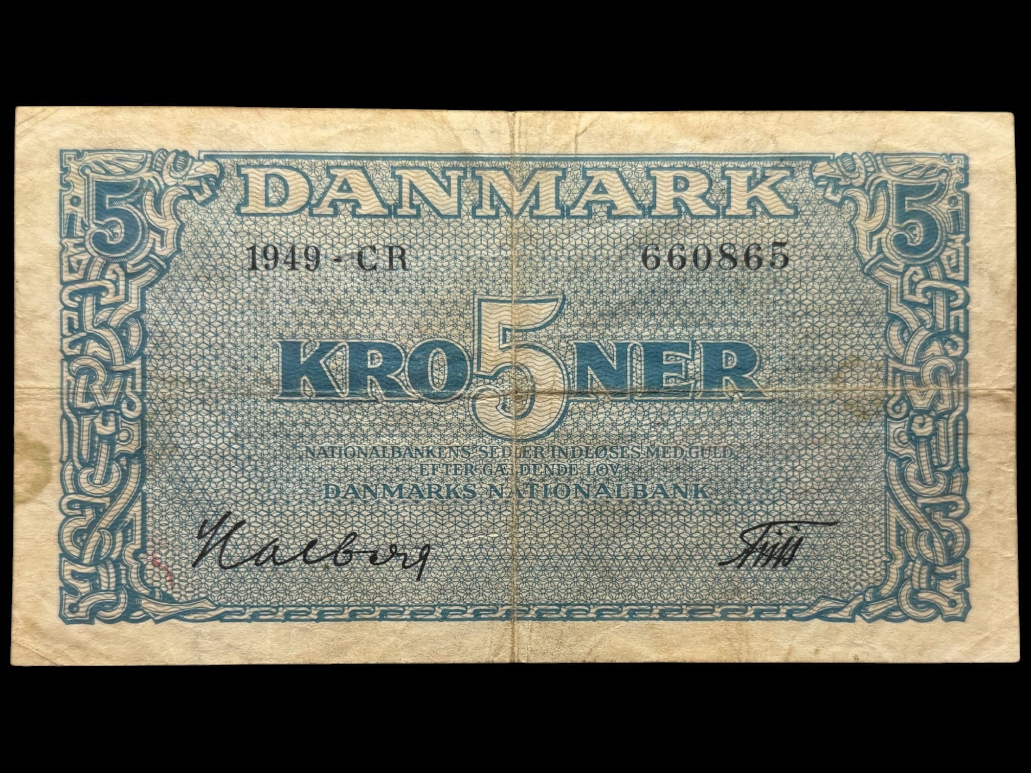 5 kroner 1949 CR, Halberg/Friis, Nr. 660865, Sieg 119, DOP 128b, Pick 35b, Kva. 1-1- “Ukendt underskriftskombination ifølge Sieg”