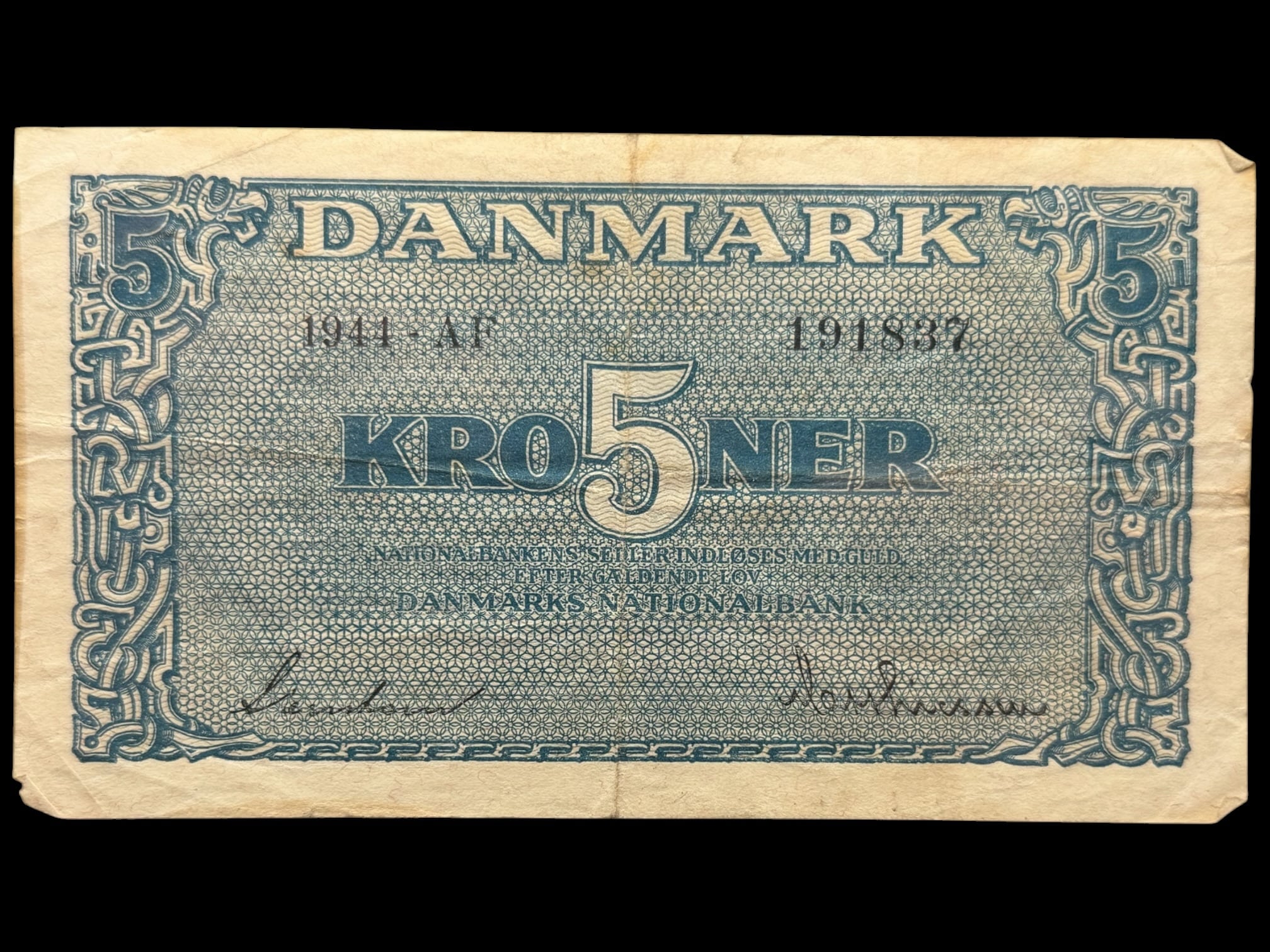 5 kroner 1944 AF, Svendsen/Matthiasen, Nr. 191837, Sieg 119, DOP 128b, Pick 35b, Kva. 1 “Ukendt underskriftskombination ifølge Sieg”