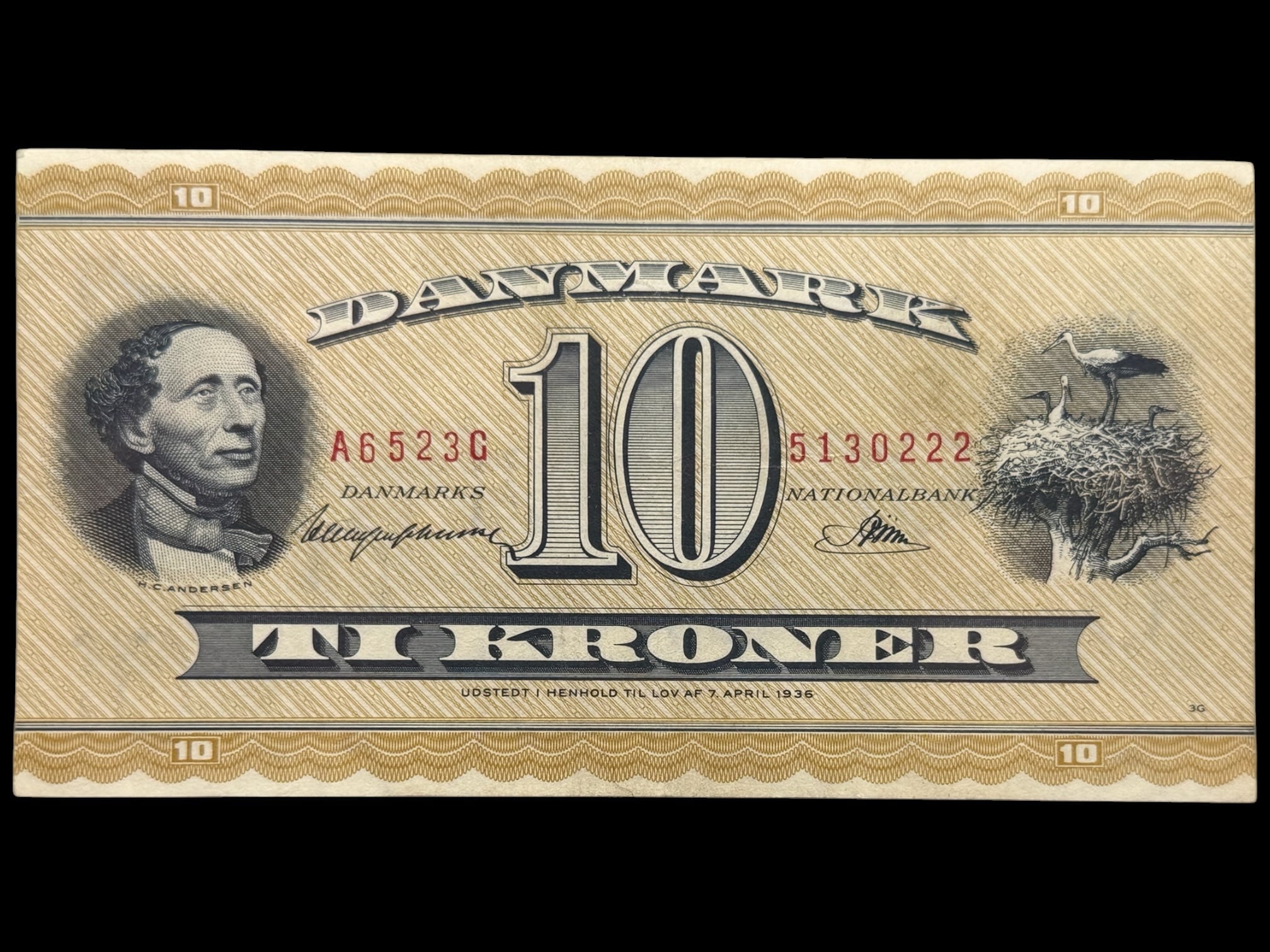 10 kroner 1952 A6, Riim/Haugen Johansen, Nr. 5130222, Sieg 130, DOP 139, Pick 43, Kva. 1+-01