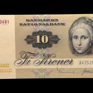 10 kroner 1975 A4, Valuer/Sunesen, Nr. 9350481, Sieg 130, DOP 139, Pick 43, Kva. 0 "Lys sikkerhedstråd"