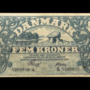 5 kroner 1915 A, V.Lange/Gergersen, Nr. 5209850, Sieg 100, DOP 113, Pick 20, Kva. 1-1+