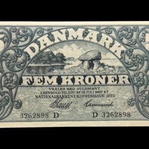 5 kroner 1922 D, V.Lange/Hammerich, Nr. 3262898, Sieg 100, DOP 113, Pick 20, Kva. 01