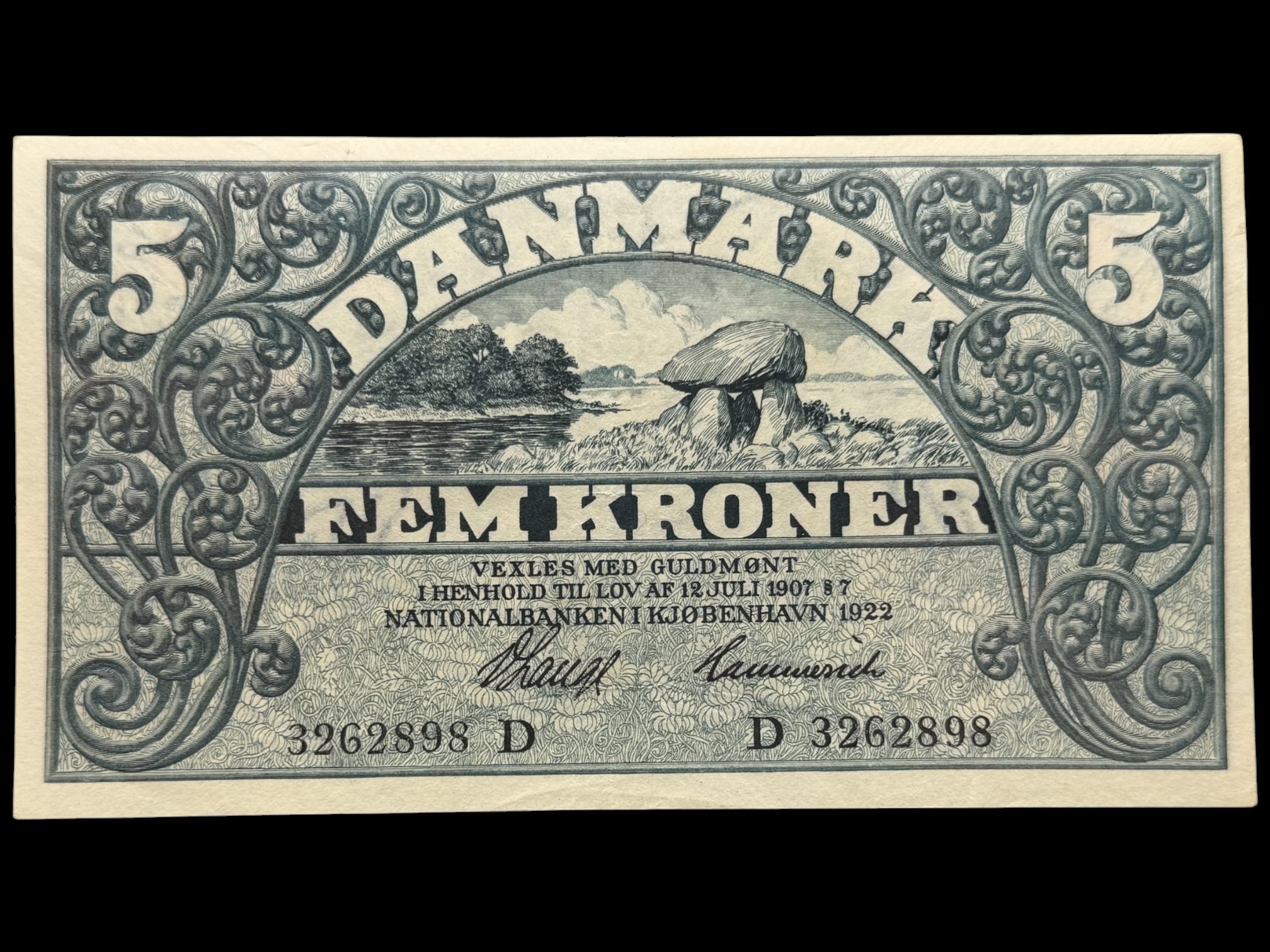 5 kroner 1922 D, V.Lange/Hammerich, Nr. 3262898, Sieg 100, DOP 113, Pick 20, Kva. 01