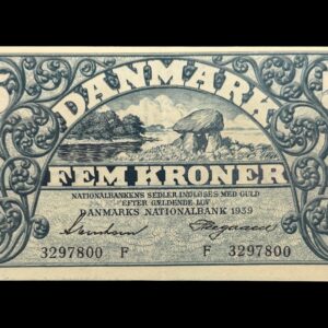 5 kroner 1939 F, Svendsen/Heegaard, Nr. 3297800, Sieg 102, DOP 123, Pick 30, Kva. 01