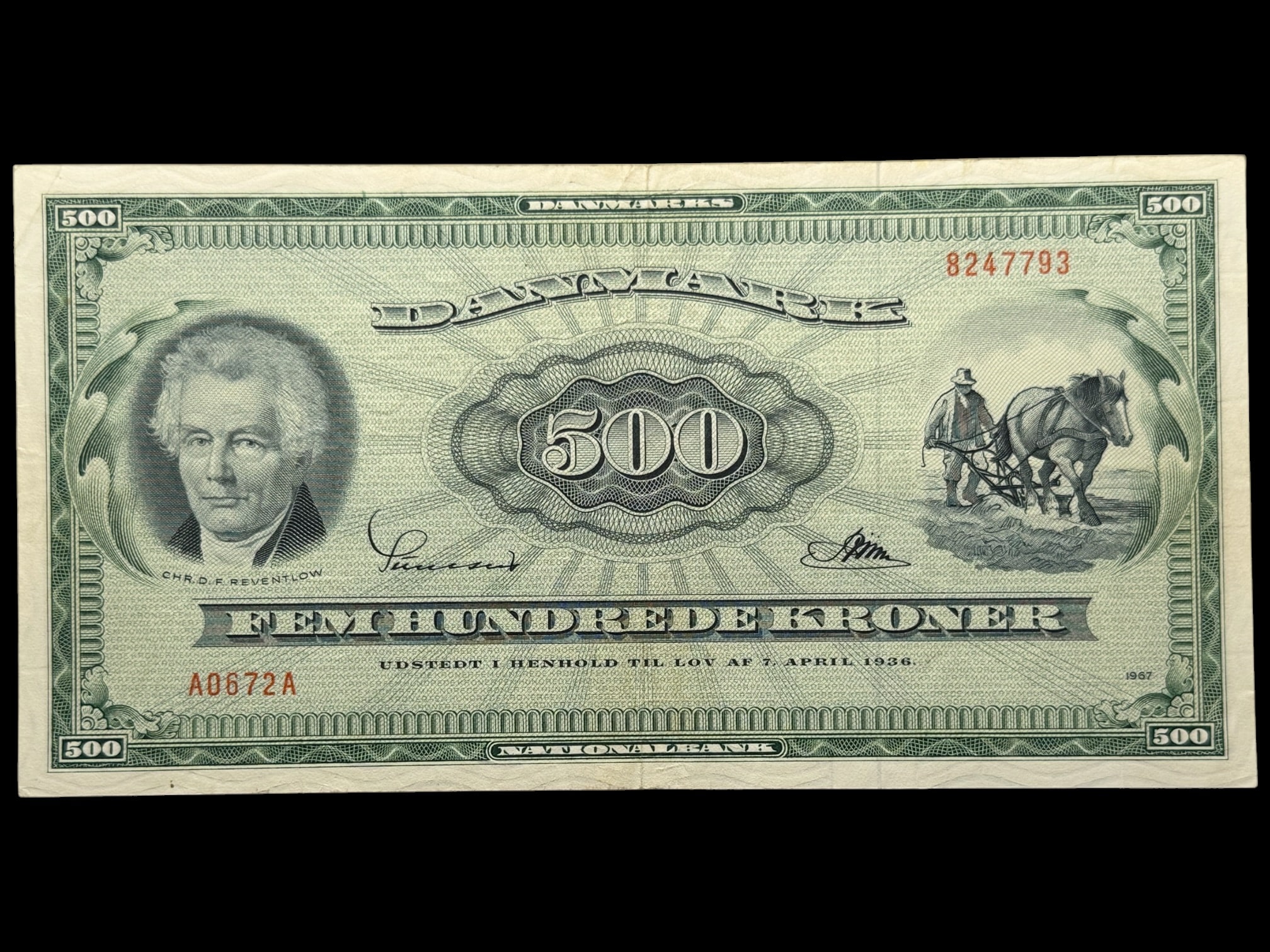 500 kroner 1967 A0, Riim/Sunesen, Nr. 8247793, Sieg 138, DOP 147, Pick 47, Kva. 1-1+