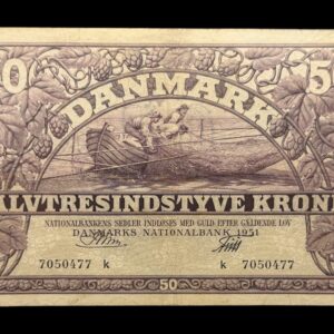 50 kroner 1951 k, Riim/Friis, Nr. 7050477, Sieg 124, DOP 133, Pick 38, Kva. 1