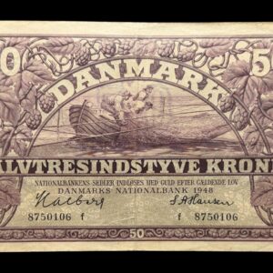 50 kroner 1948 F, Halberg/S. A. Hansen, Nr. 8750106, Sieg 124, DOP 133, Pick 38, Kva. 1-1+