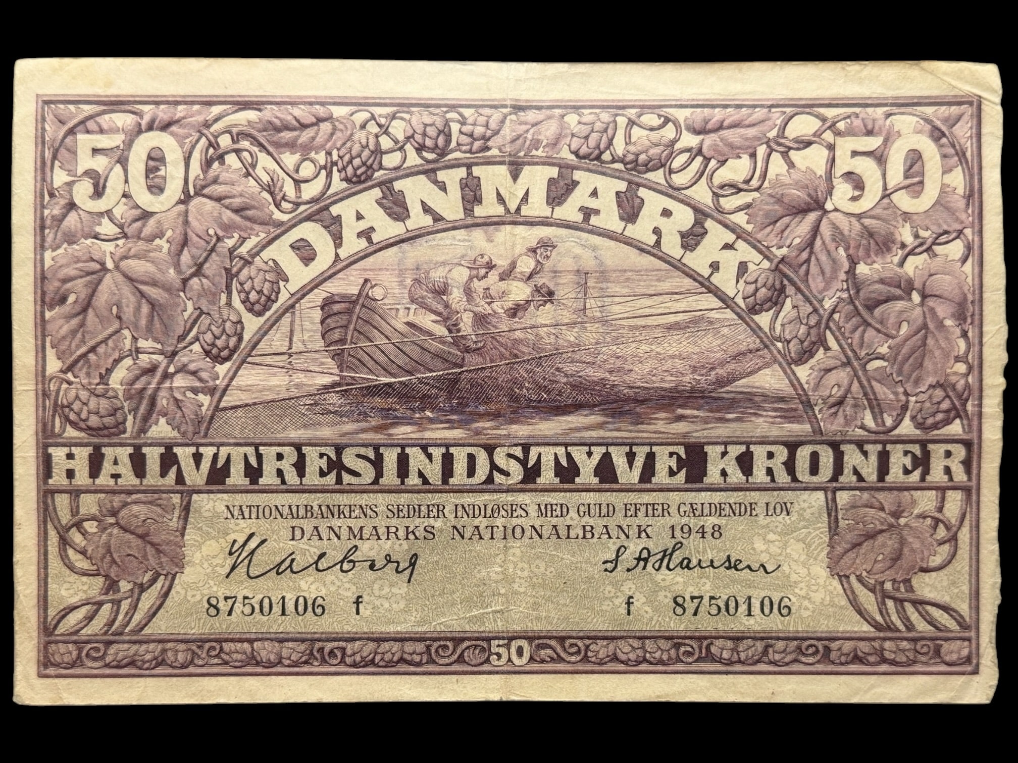 50 kroner 1948 F, Halberg/S. A. Hansen, Nr. 8750106, Sieg 124, DOP 133, Pick 38, Kva. 1-1+