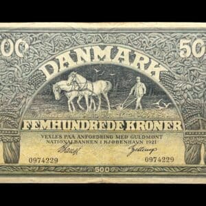 500 kroner 1921, V.Lange/Gellerup, Nr. 0974229, Sieg 112, DOP 117, Pick 24, Kva. 1-1+ “Ukendt underskriftskombination ifølge Sieg”