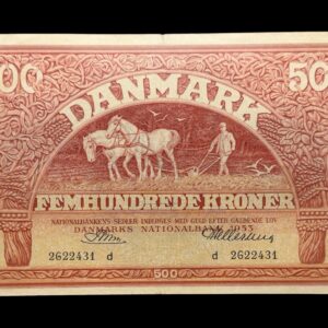 500 kroner 1953 d, Riim/Hellerung, Nr. 2622431, Sieg 127, DOP 136, Pick 41, Kva. 1+ lille rift i top midterfold