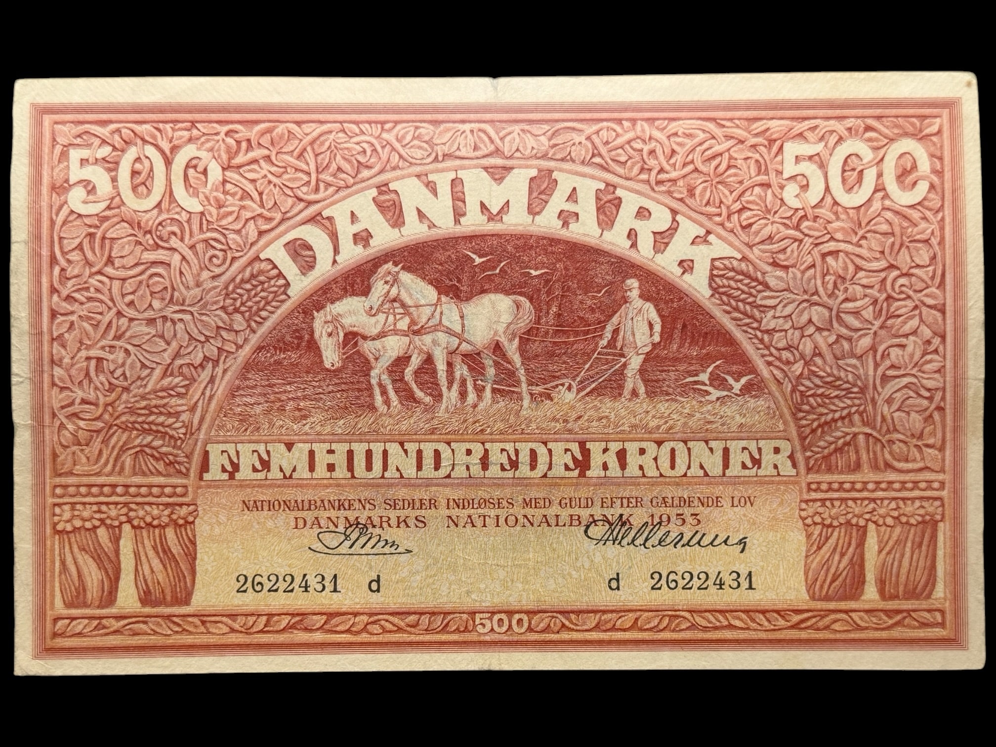 500 kroner 1953 d, Riim/Hellerung, Nr. 2622431, Sieg 127, DOP 136, Pick 41, Kva. 1+ lille rift i top midterfold