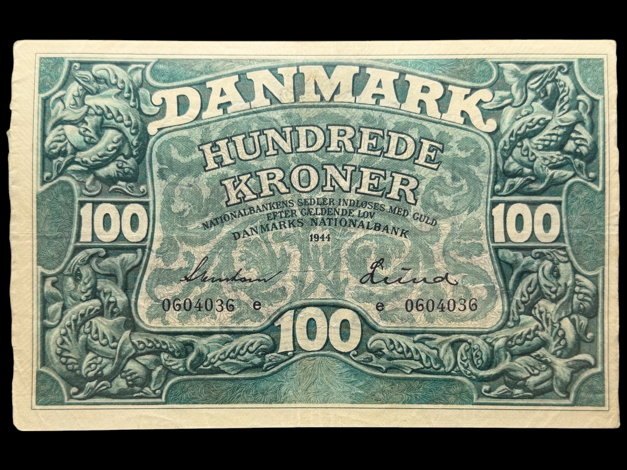 100 kroner 1944e, Svendsen/Lund, Nr. 0604036, Sieg 125, DOP 134, Pick 39, Kva. 1+